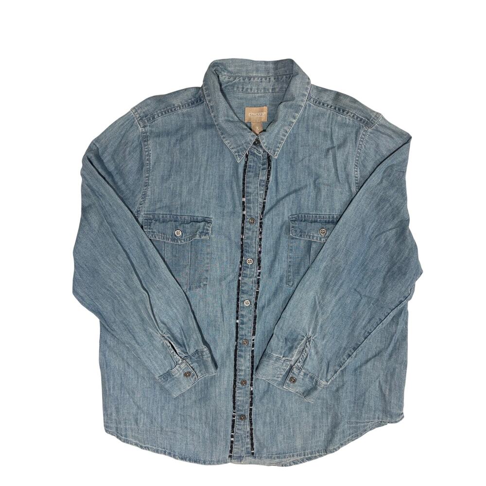 Chicos Denim Button Down Shirt Front Pockets Size 3 (XL) Embellished Casual